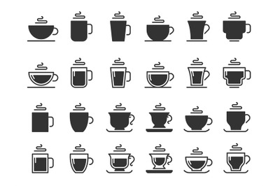 Coffee cup silhouette icons. Hot drinks cups&2C; mug black stencil icon v