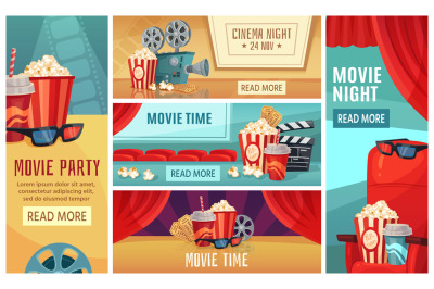 Cartoon cinema banner. Movie night tickets&2C; cinemas popcorn and 3d fil