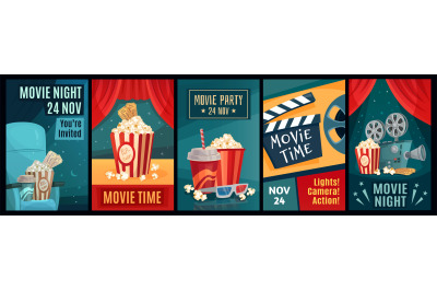 Cinema poster. Night film movies, popcorn and retro movie posters temp