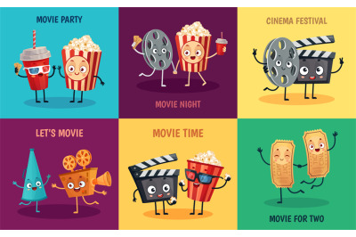 Cartoon cinema characters. Funny popcorn, cinema tickets and 3D movie