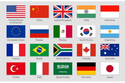 G20 countries flags. Major world advanced and emerging economies state