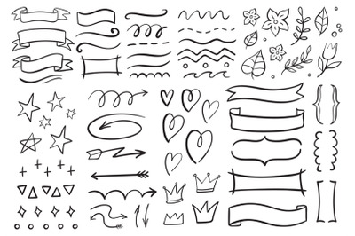 Vintage decorative doodles. Hand drawn ribbon, outline arrows and dood