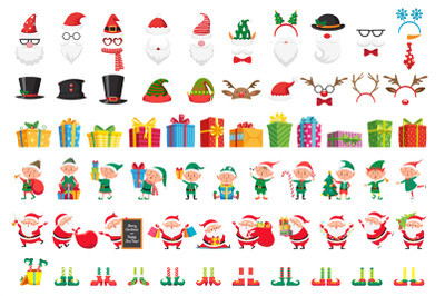 Cartoon christmas collection. Xmas hats and New Year gifts. Santa Clau