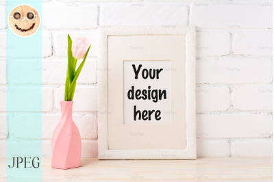 White frame mockup with pink tulip in swirled vase