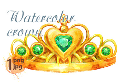 Watercolor golden crown Princess with emeralds