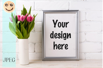 Silver frame mockup with pink tulips in vase