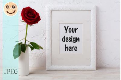 White frame mockup with dark red rose in vase