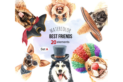 Dogs and accessories watercolor clipart, Pets clip arts SETA