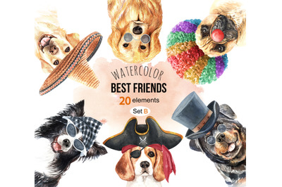 Dogs and accessories watercolor clipart, Pets clip arts SETB