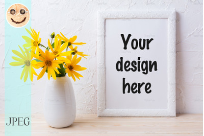 White frame mockup with yellow rosinweed flowers in pitcher