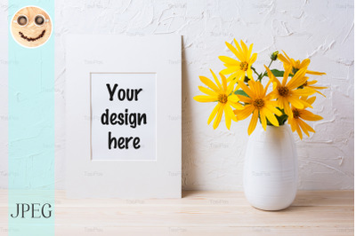 White mat frame mockup with yellow rosinweed flowers in pitcher