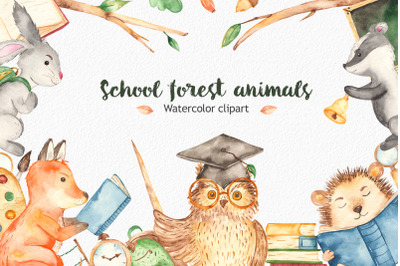 School forest animals watercolor clipart Teachers Day