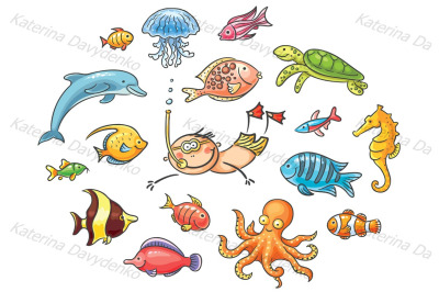 Set of cartoon sea animals &amp; fishes