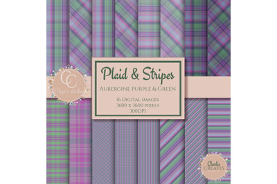 Aubergine purple &amp; green plaid &amp; stripes digital scrapbook paper