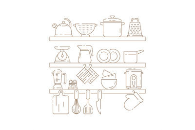 Kitchen shelves. Cooking items pots spoon fork knife pans vector thin