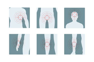 Body pain. Concentric red rings of painful human parts analgesic vecto