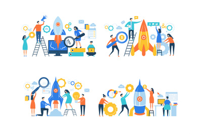 Startup business characters. Rocket launch success people making work