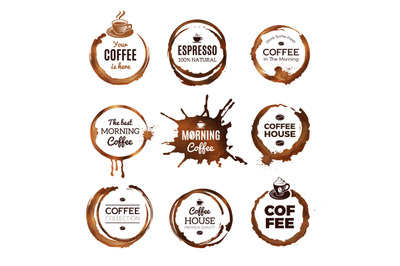 Coffee rings labels. Badges design with circles from tea or coffee esp