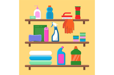 Households goods shelves. Chemical detergent bottles in laundry servic