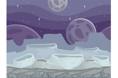 Moon seamless landscape. Rocky fantastic outdoor cartoon background wi