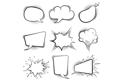 Comic speech bubbles. Retro cartoon balloon splashes shapes for book a