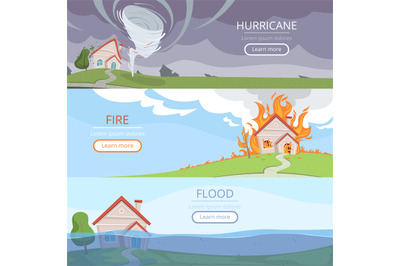 Disaster weather banners. Tsunami volcano wind storm rain house damage