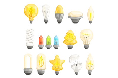 Light bulbs. Modern lamp save energy fluorescent lighted halogen vecto