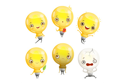 Bulb characters. Cartoon lamp mascot in dynamic poses and fun emotions