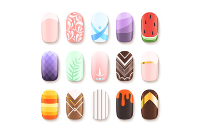 Nail designs. Colored template of finger art design vector pictures ca