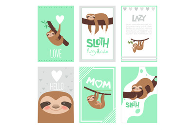 Sloth cards design. Pajama textile print with cute little sleepy anima