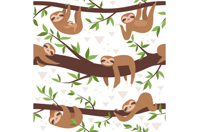 Sloth seamless. Cute little sleepy baby animal textile pattern family