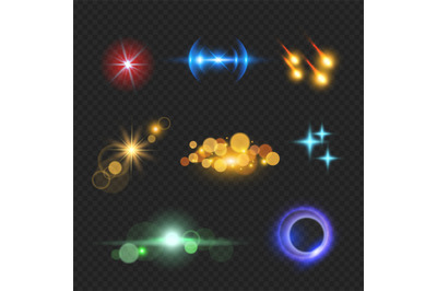 Shining lens flare effects. Solar light bokeh realistic vector templat