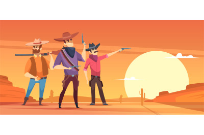 Western background. Dessert silhouettes and cowboys on horses wildlife