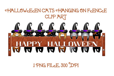 Halloween Cats on Fence Clip Art