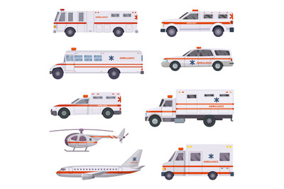 Ambulance cars. Health rescue service vehicle van helicopter paramedic