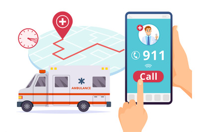 Ambulance service. Urgent 911 hospital emergency call vector concept