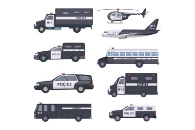 Police cars. Vehicle protection services automobiles vector transport