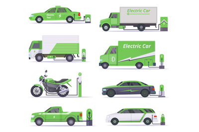 Eco cars. Save weather electricity vehicles vector green collection