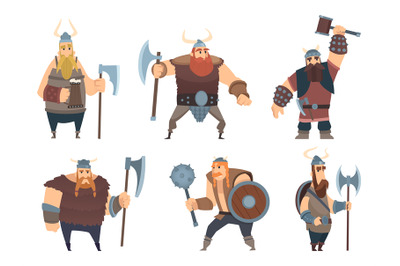 Viking characters. Medieval norwegian warriors military people vector