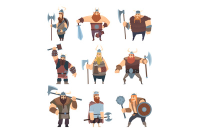 Viking cartoon. Mythology of medieval warrior norse people vector char