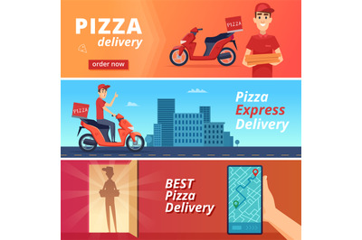 Food pizza delivery. Postal courier deliver man ride on bike vector ch