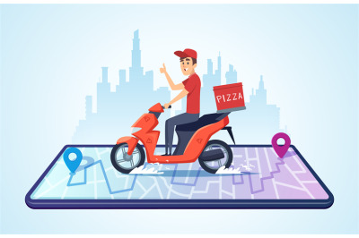 Pizza motorbike delivery. Urban landscape with food courier driving bi