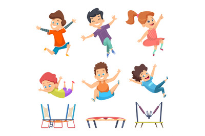 Trampoline kids. Playground childrens active jumping games vector char