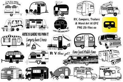 RV Campers Trailers &amp; Word Art AI EPS PNG