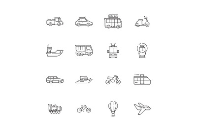 Public transport icons. Cars planes trains boats urban vehicles thin l