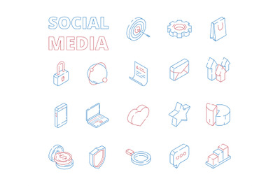 Marketing isometric icon. Web social media network symbols digital set