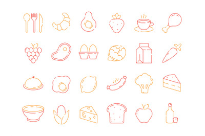 Food colored icon. Bread fish fruits vegetables menu items and kitchen