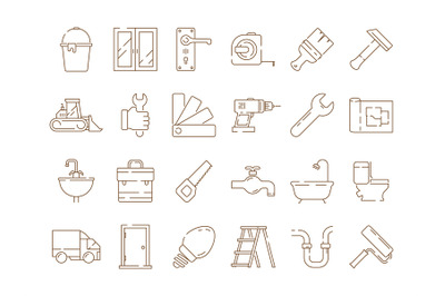 Home repair icons. Construction building engineer supplies service vec