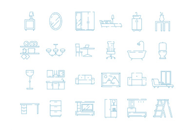 Room furniture icon. Bed table desk chair sofa vector thin symbols pic