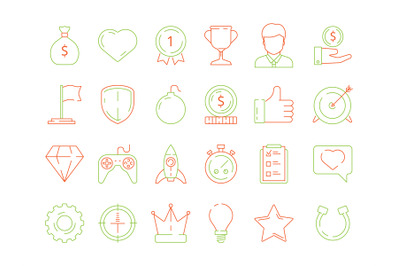 Gamification icons. business achievements line icon set for competitiv